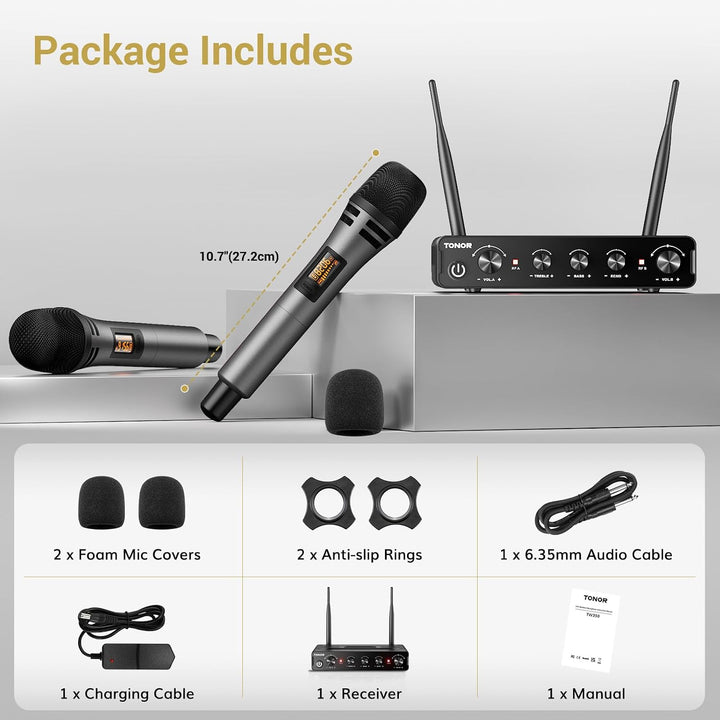 TONOR Dual Funkmikrofonen System kabellos, drahtloses Karaoke Mikrofon Set Wireless Microphone Handm