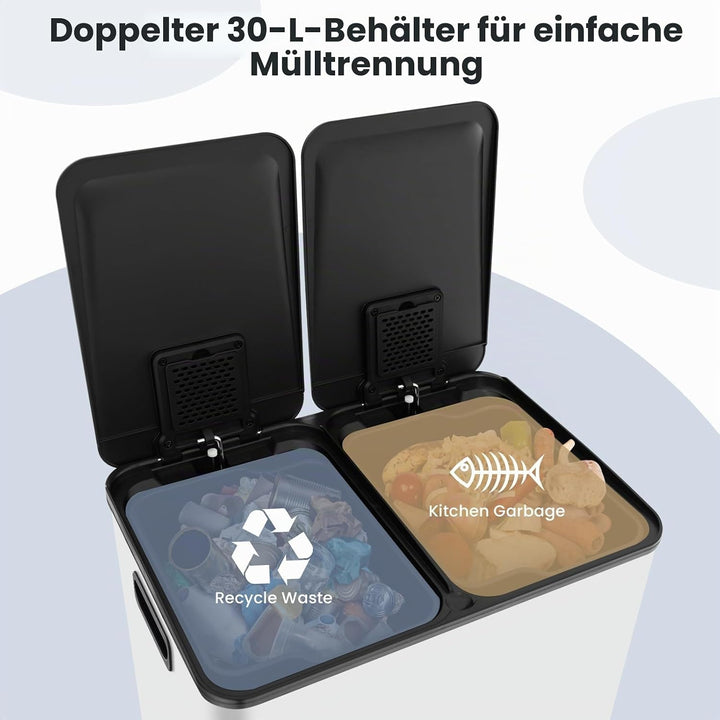 GIANTEX Mülleimer 2 Fächer 2 x 30 L, Doppelmülleimer Abfalleimer Küche, Küchenmülleimer Küchenabfall