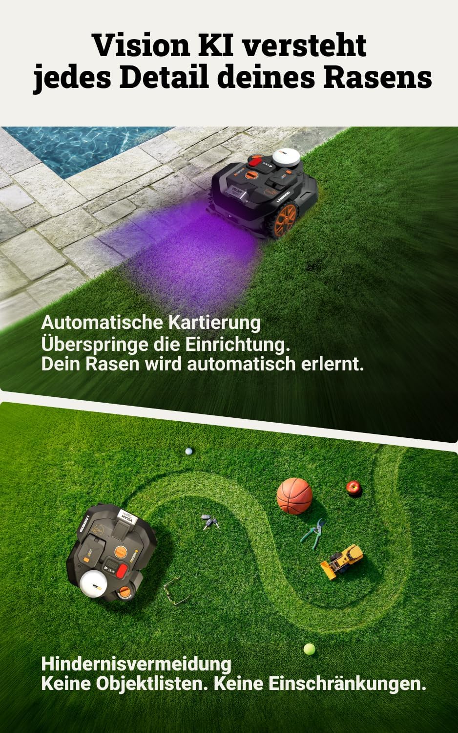 WORX Landroid Vision Cloud WR306E 2WD Mähroboter ohne Begrenzungskabel für 600 m² (KI-Hinderniserken