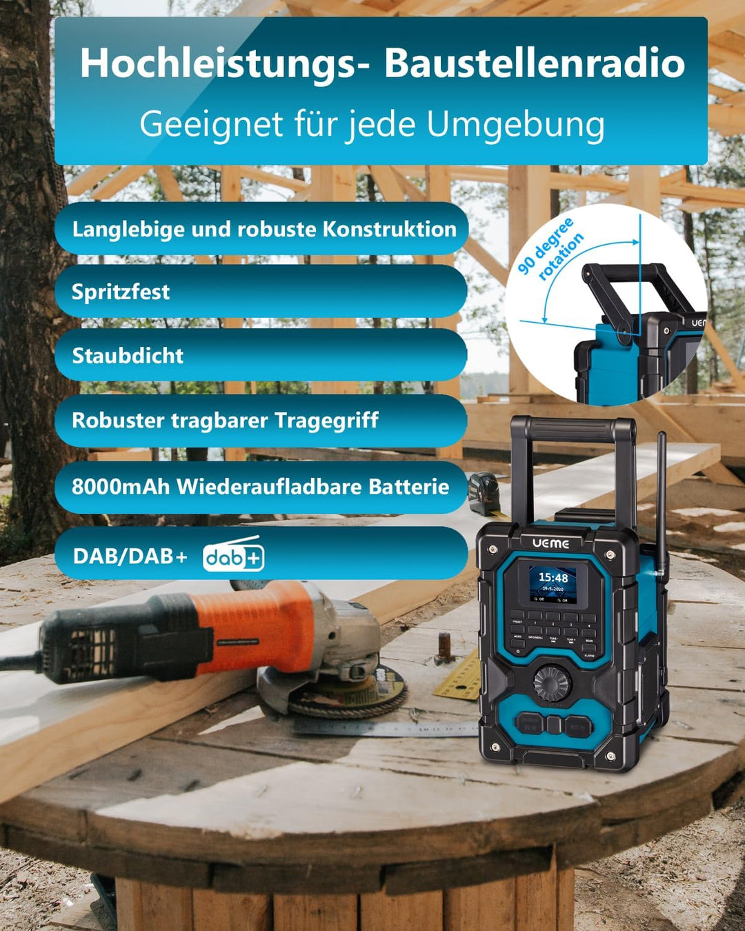 Baustellenradio Robustes DAB+ FM Radio mit Bluetooth 5.0, 16W Stereo-Lautsprecher, 8000mAh Akku bis