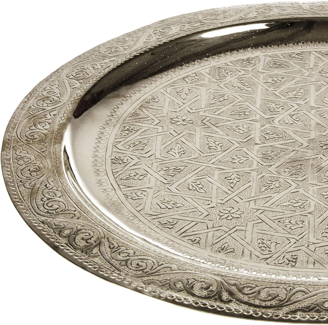 Orientalisches rundes Tablett aus Messing Mehdia 30cm Deko Silber | Marokkanisches Teetablett in der