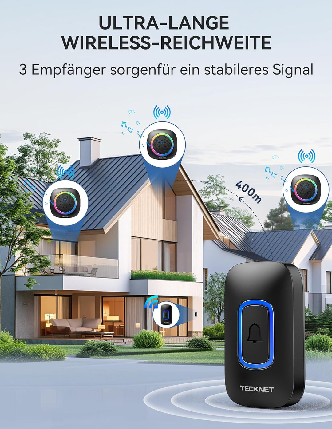 TECKNET Funkklingel, Kabellose Türklingel mit RGB Licht, IP66 Wasserdicht Aussen Funkklingel Batteri