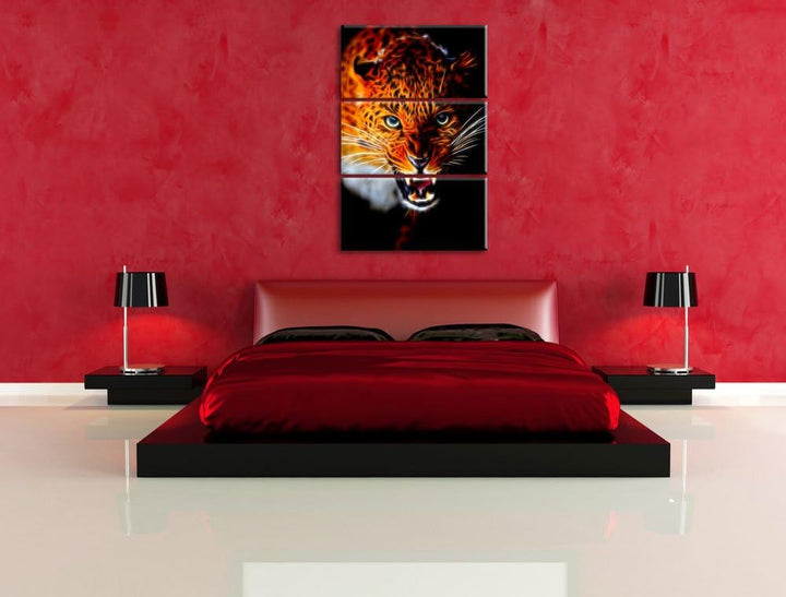 Dark Fauchender Leopard Spezial 3-Teiler Leinwandbild 120x80 Bild auf Leinwand, XXL riesige Bilder f