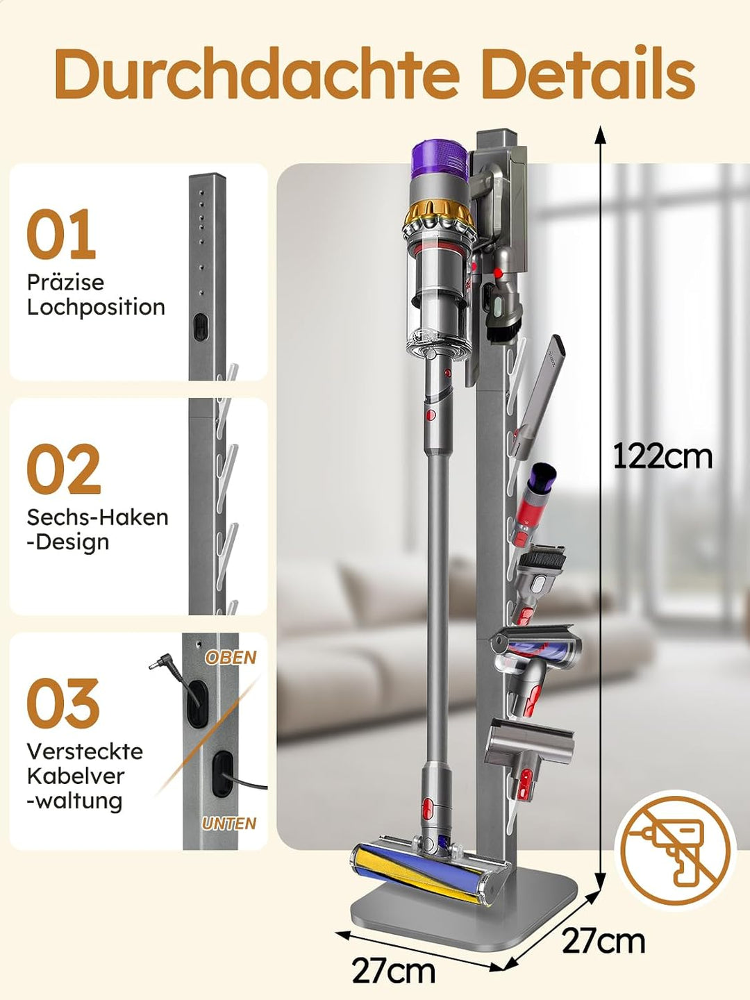 Staubsaugerhalter für Dyson Gen5,G5,V15,V12,V11,V10,V8,V7,V6, freistehende bohrfreie Bodenhalterung