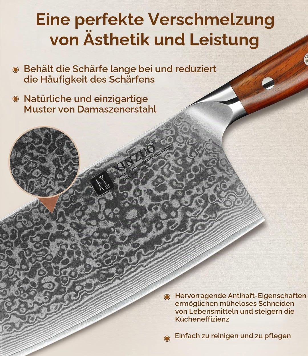 XINZUO Hackmesser Damaststahl 18cm Chinesisches Kochmesser, Hochwertige Profi Hackbeil Scharfe Kling