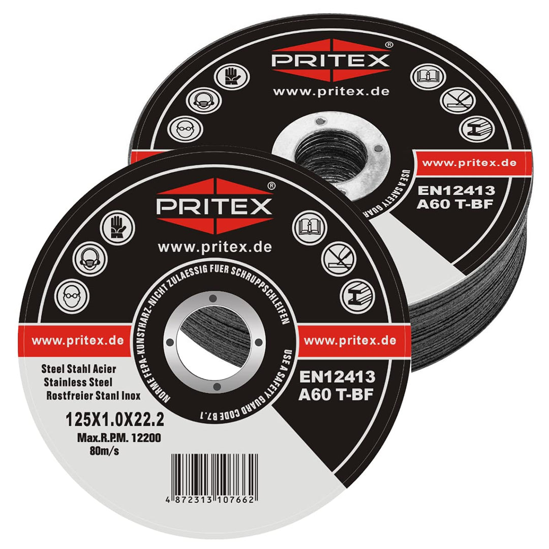 PRITEX – 100 Stück Trennscheiben 125 x 1.0 mm Metall – gerade Flexscheiben zum Schneiden von Stahl,