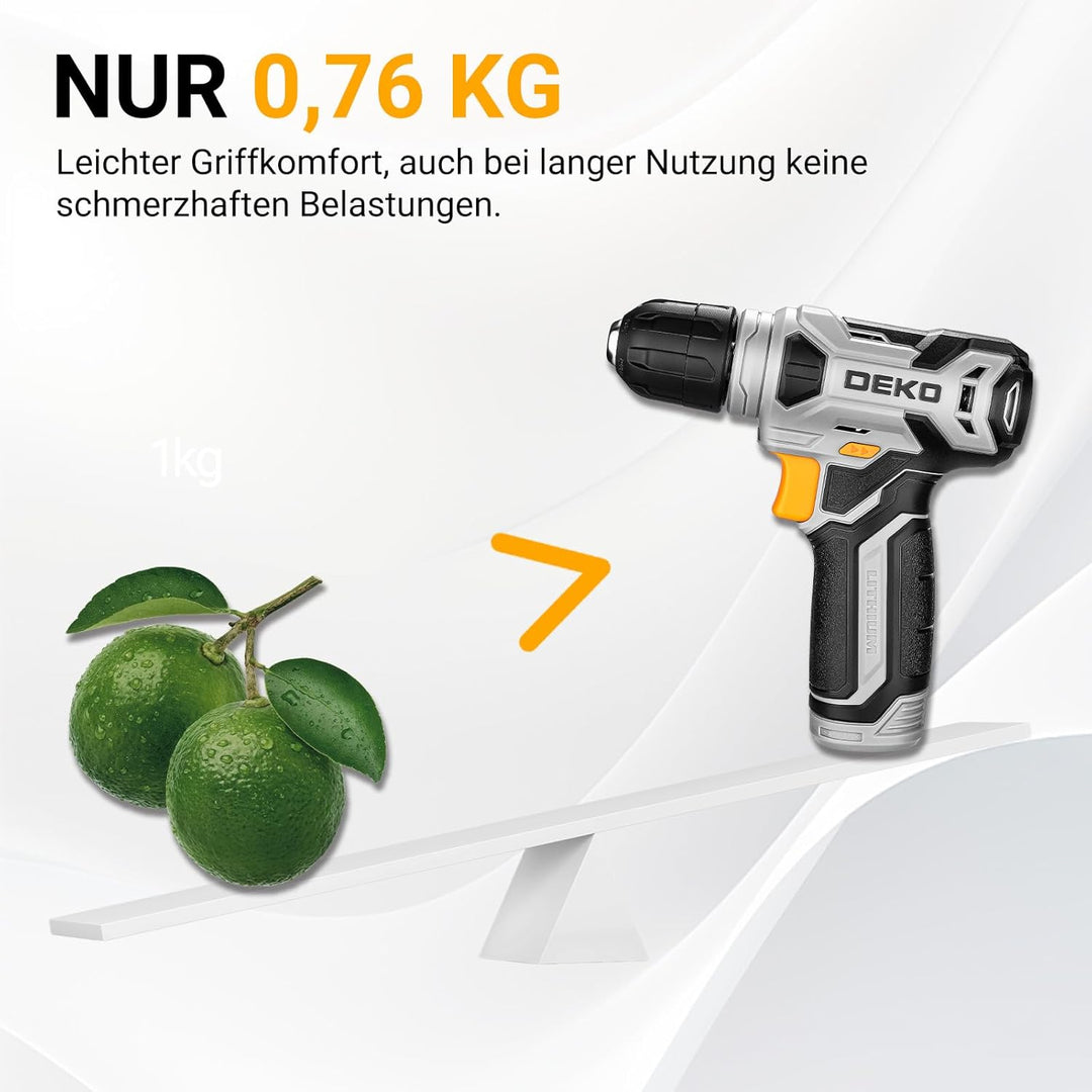 DEKO 126 Stück Elektrowerkzeug Combo Kits mit 8V Akku Bohrer, 10MM 3/8'' Keyless Chuck, Professionel