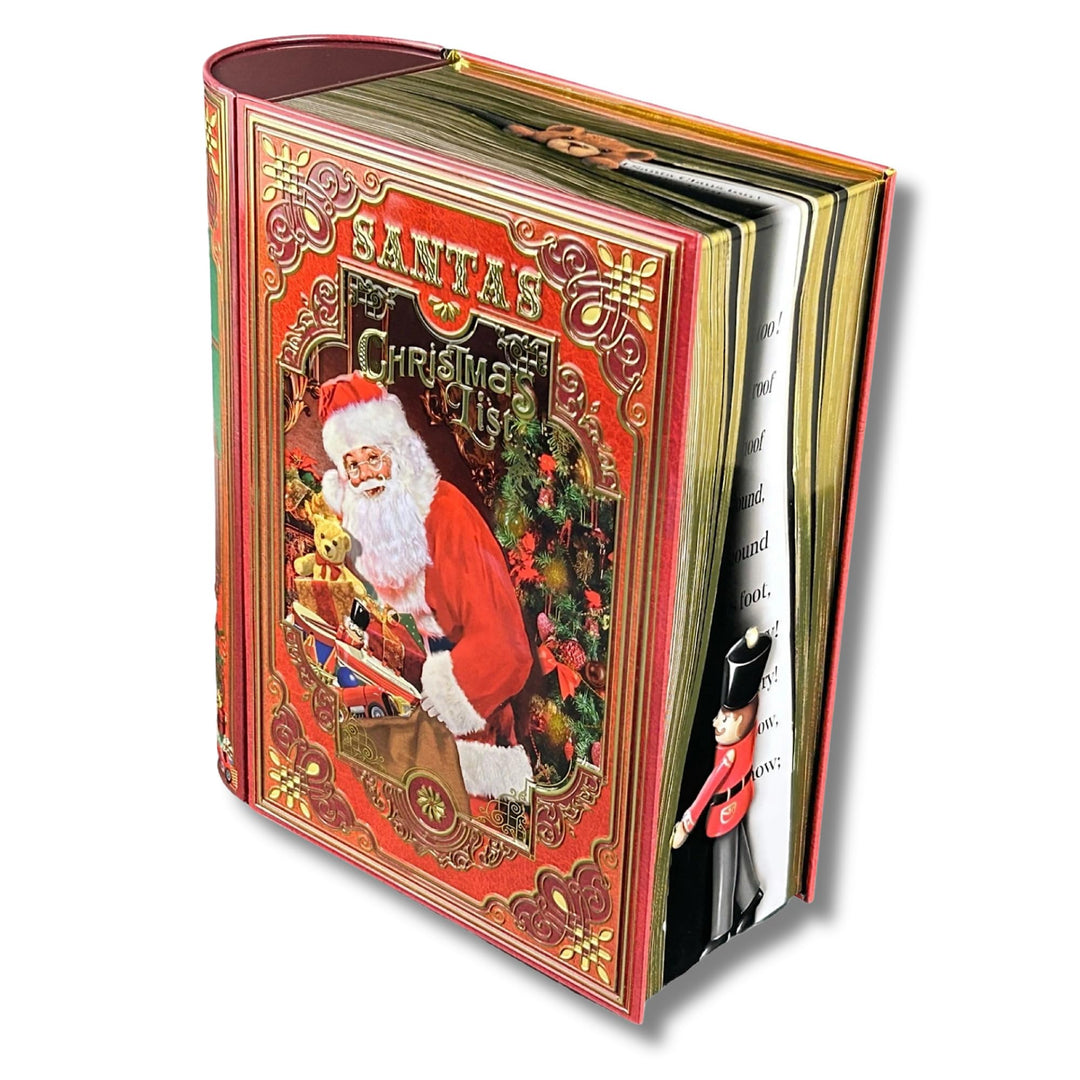 Grosse Buchdose Santa´s List - aufwändig geprägt und bedruckt. Der Weihnachtsmann bereitet sich vor
