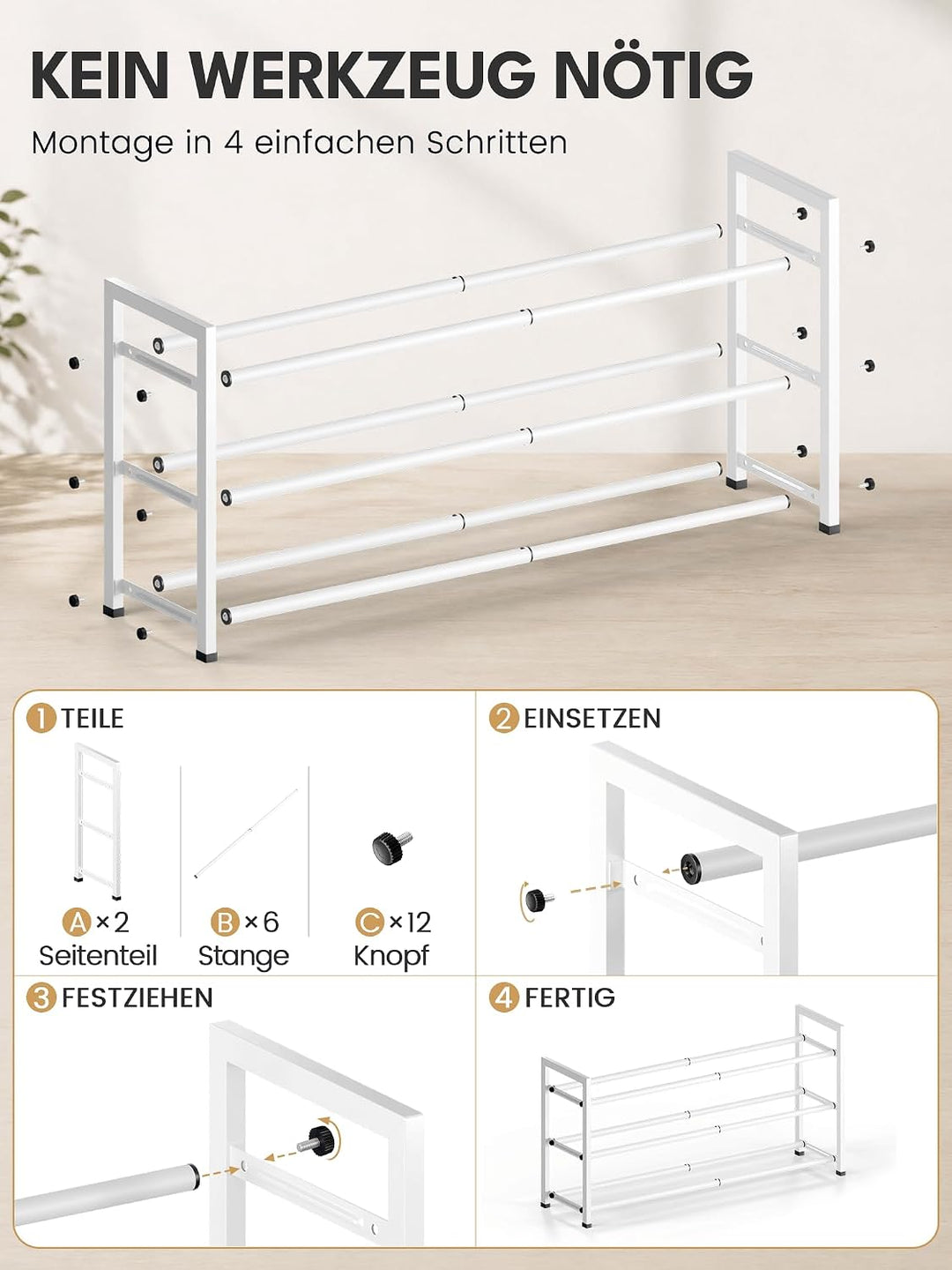 Bumusty Schuhregal 3 Etagen Ausziehbar, 45 bis 83 cm Verstellbar Metall Schuhablage, für kleine Räum