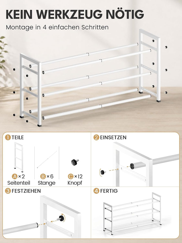 Bumusty Schuhregal 3 Etagen Ausziehbar, 45 bis 83 cm Verstellbar Metall Schuhablage, für kleine Räum