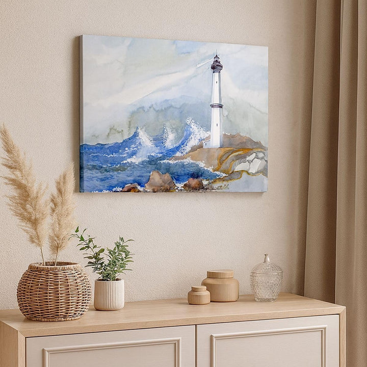 Bilder auf Leinwand 100x70cm Leinwandbild Leuchtturm Wasser Illustration Welle Gross Wanddeko Bild S