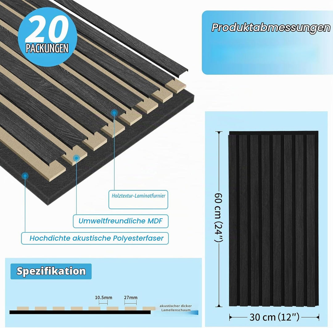 Art3d 20 Stück Akustikpaneele Grau-Eiche 3D Wand | Schalldämmend &amp; Schallabsorber | Holzfurnier mit