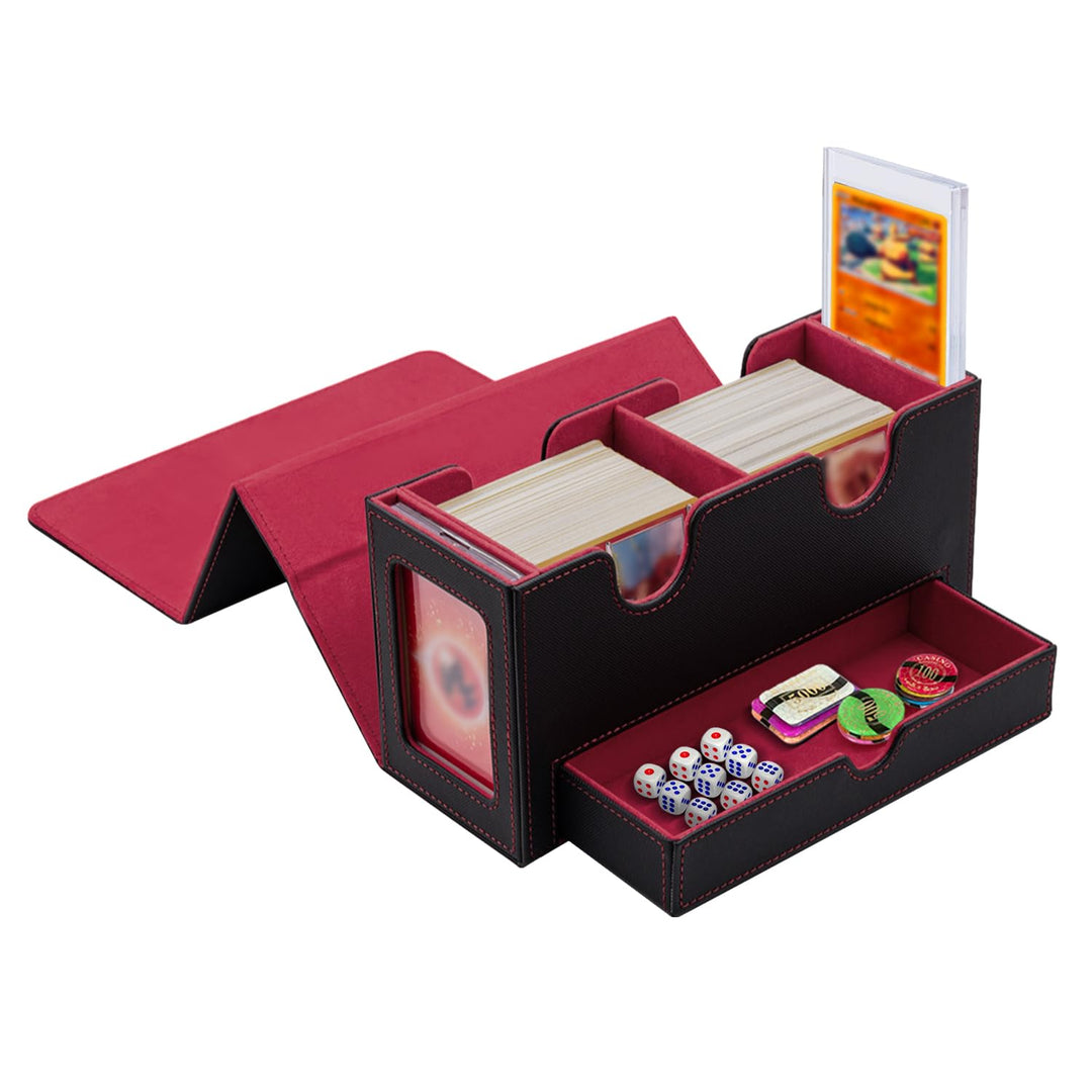 Doppelschicht Card Deck Box für MTG，Gathering Kartenbox mit Schaufenster und Würfelfach PU Leder Sta