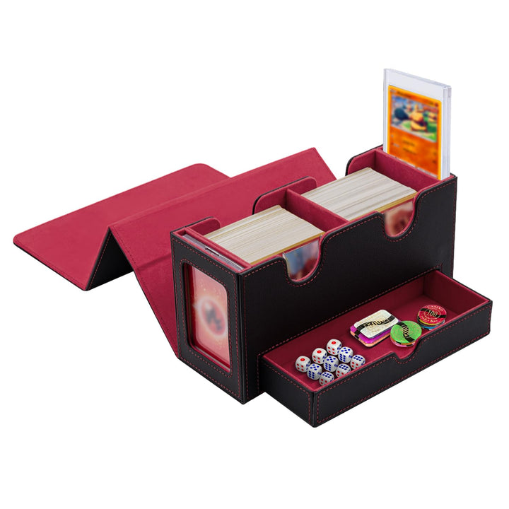 Doppelschicht Card Deck Box für MTG，Gathering Kartenbox mit Schaufenster und Würfelfach PU Leder Sta