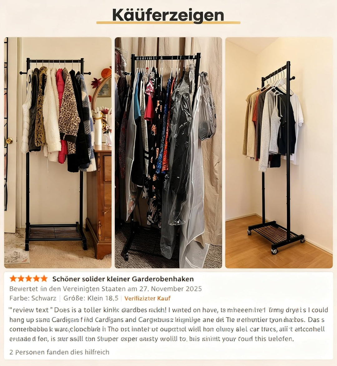 MISSLO Kleine Kleiderstange auf Rollen, Schmal Kleiderständer mit Ablagen, 152 cm Metall Garderobens