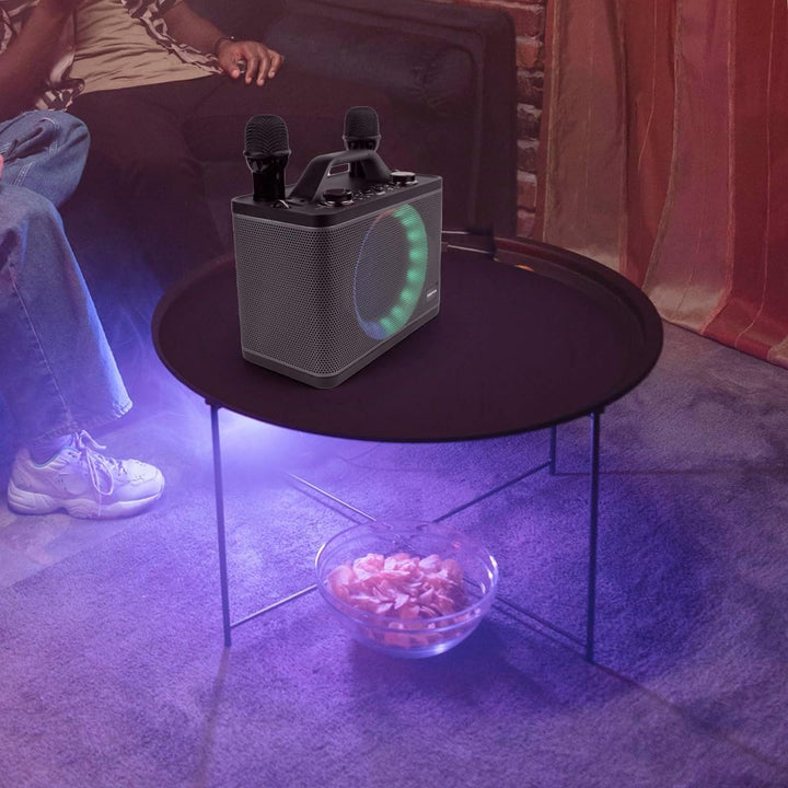 PRIXTON Karaoke Maschine Party | 2 kabellose Mikrofones, Tragbaren Bluetooth Lautsprecher mit RGB-LE