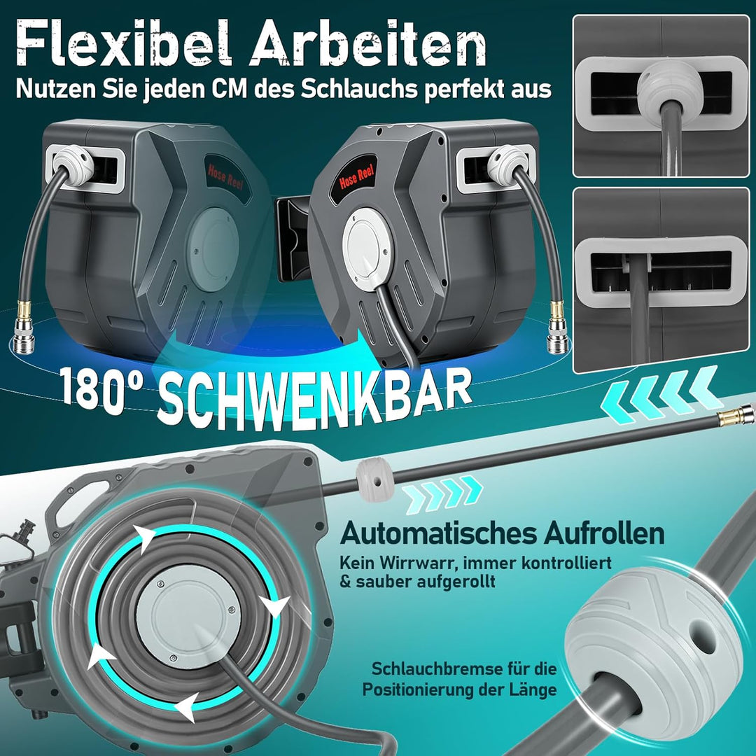 Druckluftschlauchtrommel 20m, Schlauchaufroller Druckluft mit 1/4 Zoll Schnellkupplung,max. Druck:18