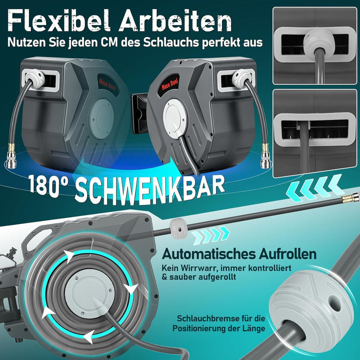 Druckluftschlauchtrommel 20m, Schlauchaufroller Druckluft mit 1/4 Zoll Schnellkupplung,max. Druck:18