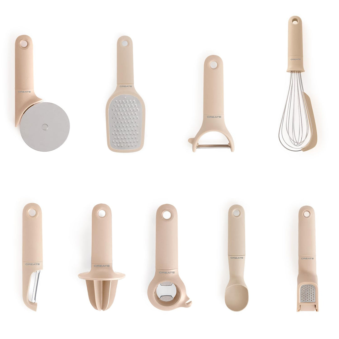 CREATE / 9er-Pack Küchenutensilien in Sand/Obst- und Gemüseschneider, Eiskugellöffel, Schneebesen, R