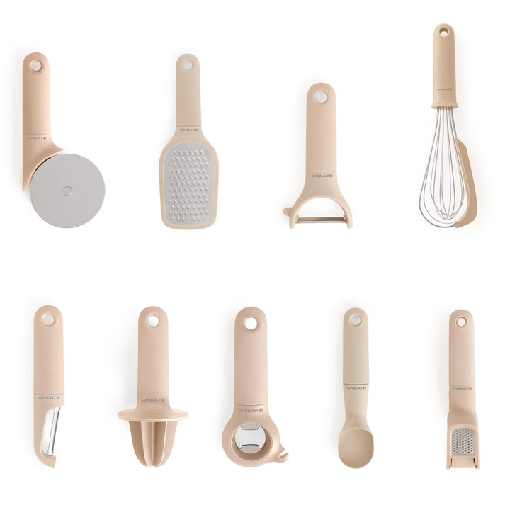 CREATE / 9er-Pack Küchenutensilien in Sand/Obst- und Gemüseschneider, Eiskugellöffel, Schneebesen, R