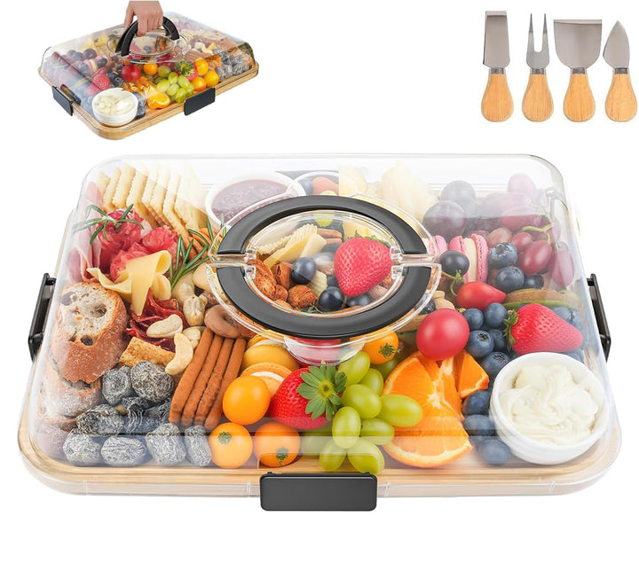 ERNAN Käsebrett mit Deckel für Partys Reisen, Servierplatte mit Fächern Griff für Snacks Fleisch Des