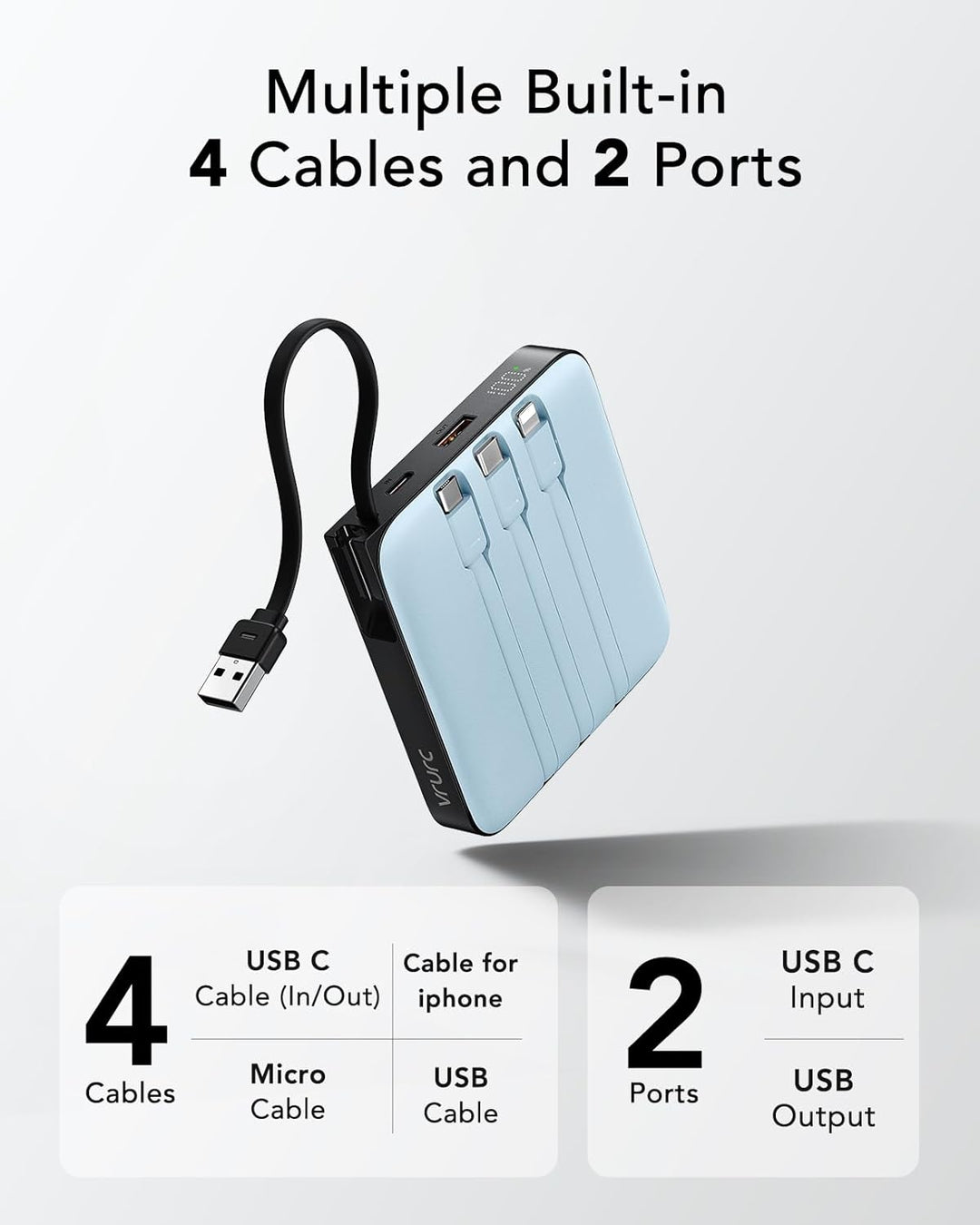 VRURC Power Bank 20000mAh mit Kabel Klein USB C Powerbank Schnelles Aufladen Mini Tragbares Ladegerä