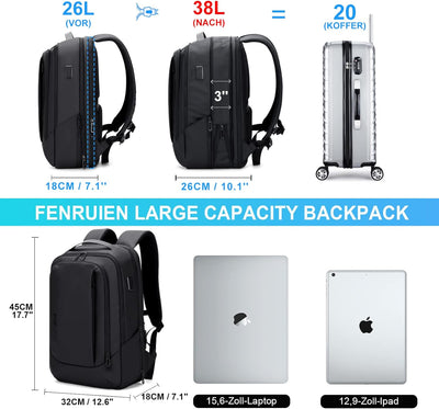 FENRUIEN Erweiterbarer 26L-38L Rucksack Business Rucksack Herren Handgepäck Reiserucksack Laptop Tas