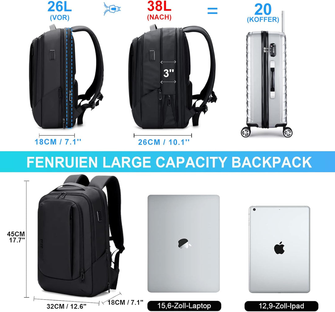 FENRUIEN Laptop Rucksack 26L-38L Rucksack Business Rucksack Herren Laptop Tasche 15.6 Zoll für Herre