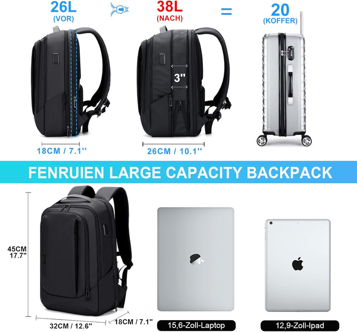 FENRUIEN Laptop Rucksack 26L-38L Rucksack Business Rucksack Herren Laptop Tasche 15.6 Zoll für Herre