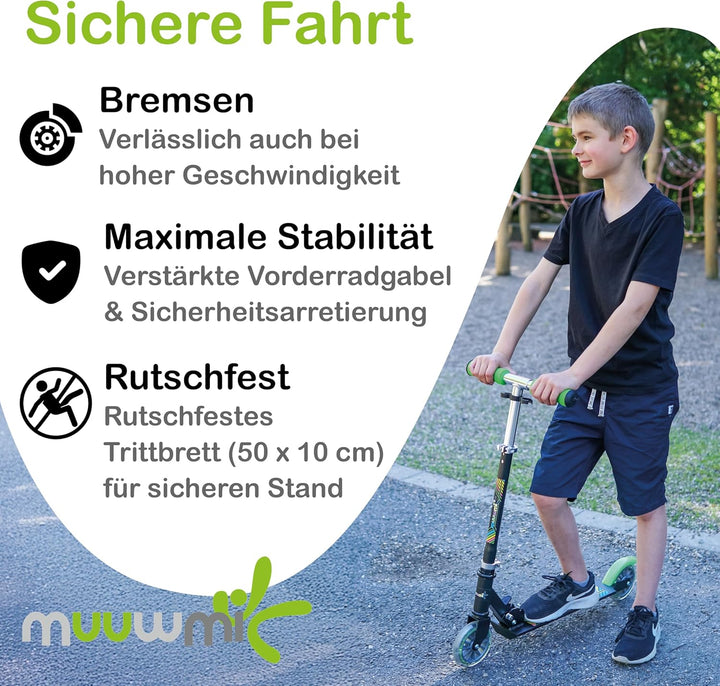 muuwmi Aluminium Scooter – Tretroller, 125 mm, ABEC 5, GS geprüft, höhenverstellbar Grün/Schwarz, Gr