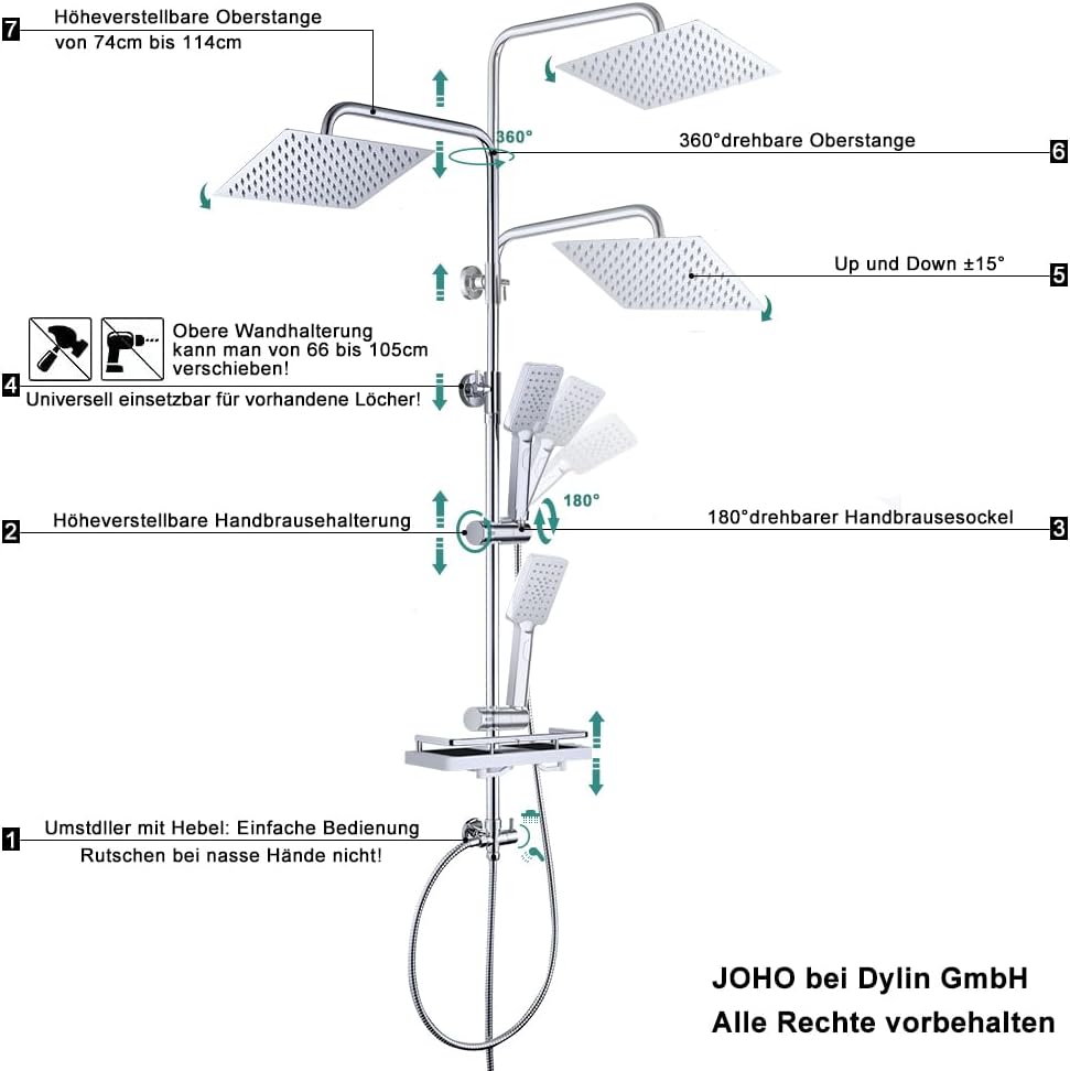 JOHO Edelstahl Duschsystem ohne Armatur Chrom Regendusche Duschset mit Duschgarnitur Ablage(Kopfbrau