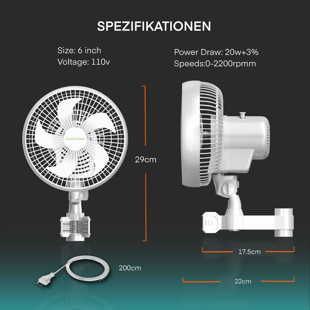 6'' Grow Ventilator mit Clip, EC Motor, IP-54 6-Zoll-Anklemmventilator für Grow Tent, Oszillierender