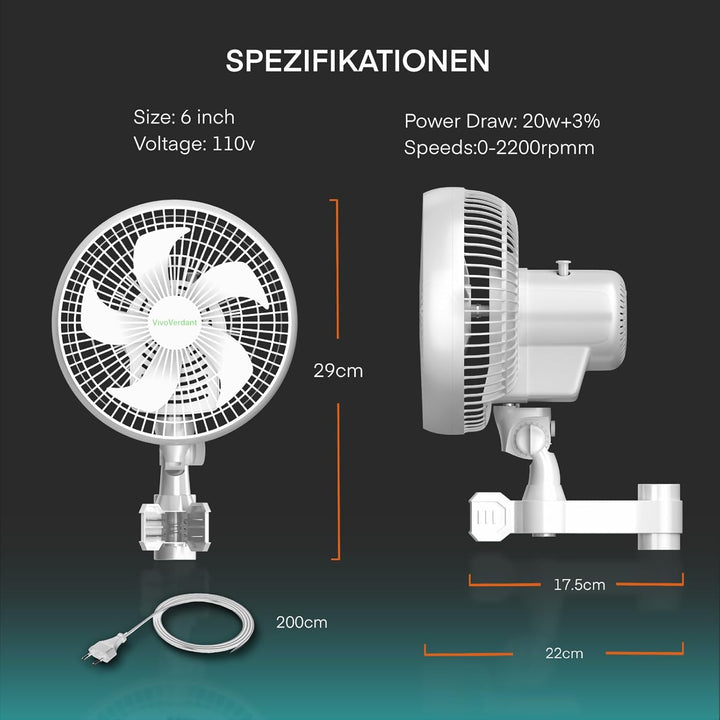 6'' Grow Ventilator mit Clip, EC Motor, IP-54 6-Zoll-Anklemmventilator für Grow Tent, Oszillierender