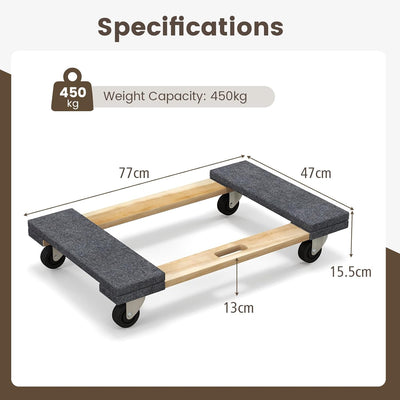 GOPLUS Rollbrett, 77x47cm Rollwagen bis 450kg belastbar, Möbelroller aus Massivholz mit Griffmulden