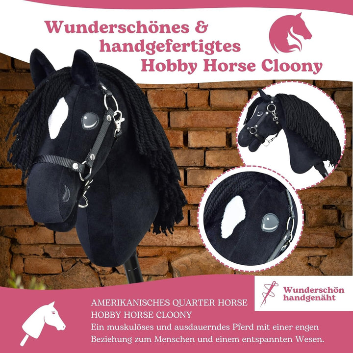 LarDen Hobby Horse - Schwarz Steckenpferd Cloony mit Halfter S, Stockpferd Für Kleine, HANDGEFERTIGT