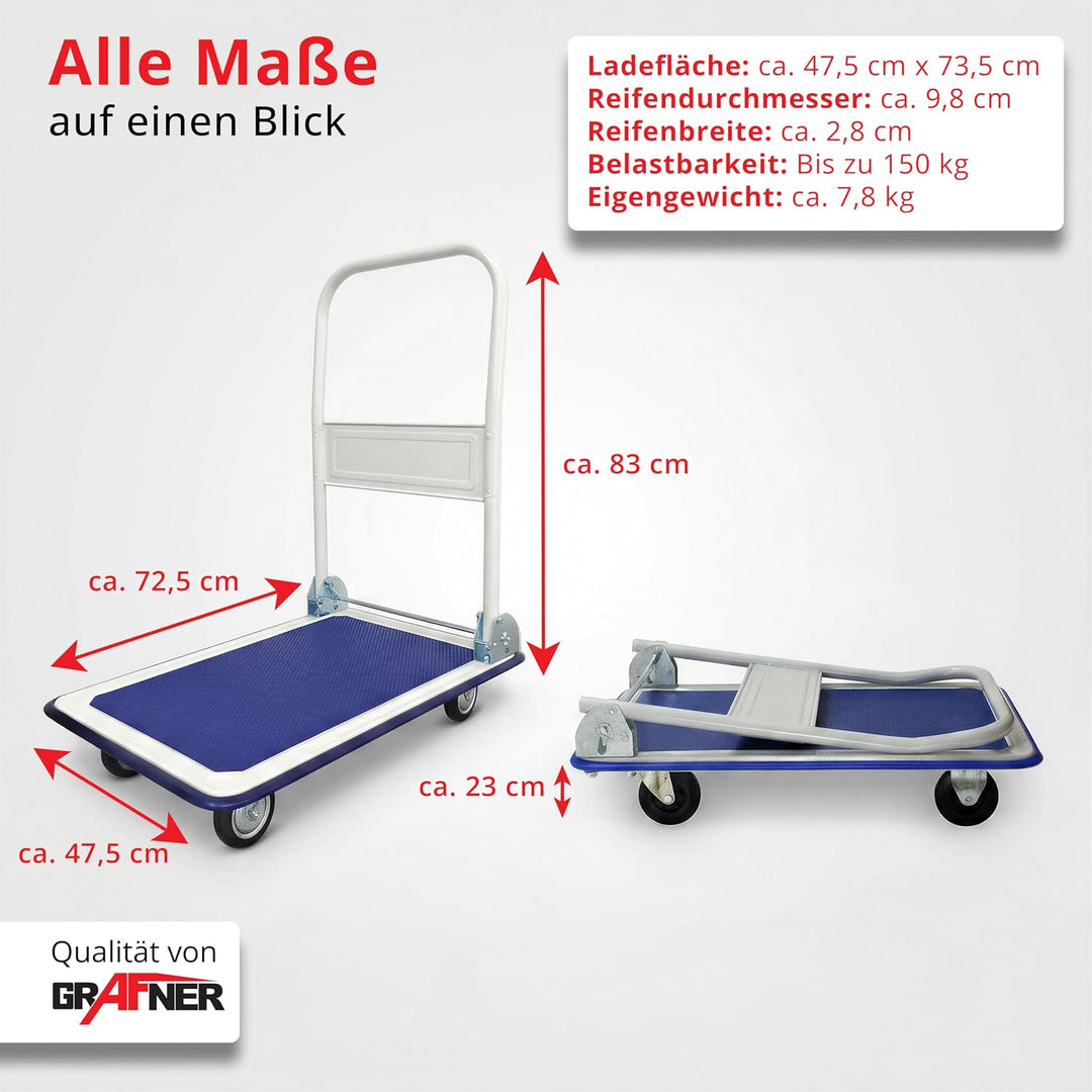 Grafner Industrie Plattformwagen mit pannensicheren Reifen, klappbar, 150 kg Tragkraft, Antirutsch-B