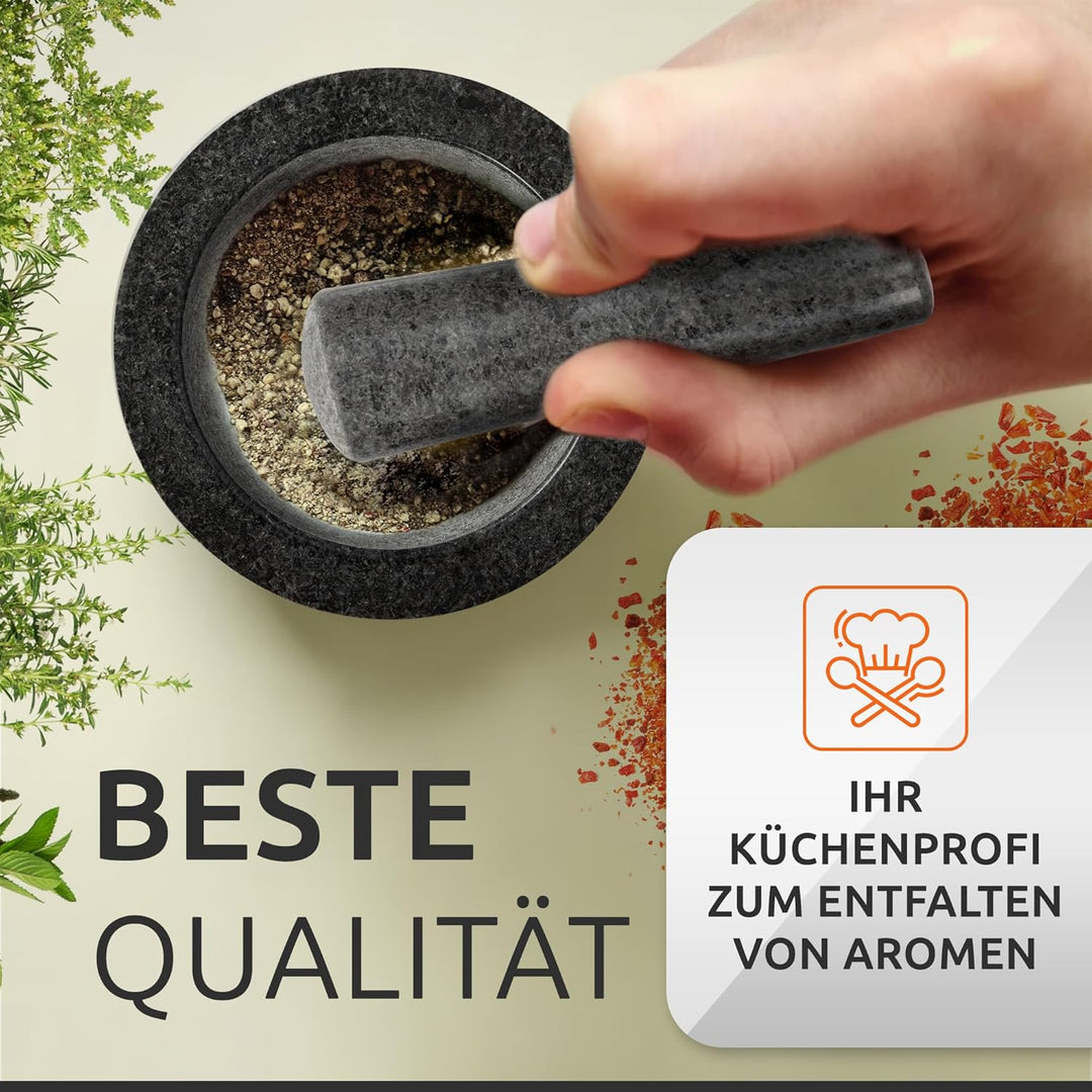 ECENCE Mörser mit Stössel Set aus Granit & Holz Ø15,5cm Küchenmörser Gewürzmörser massiv für perfekt