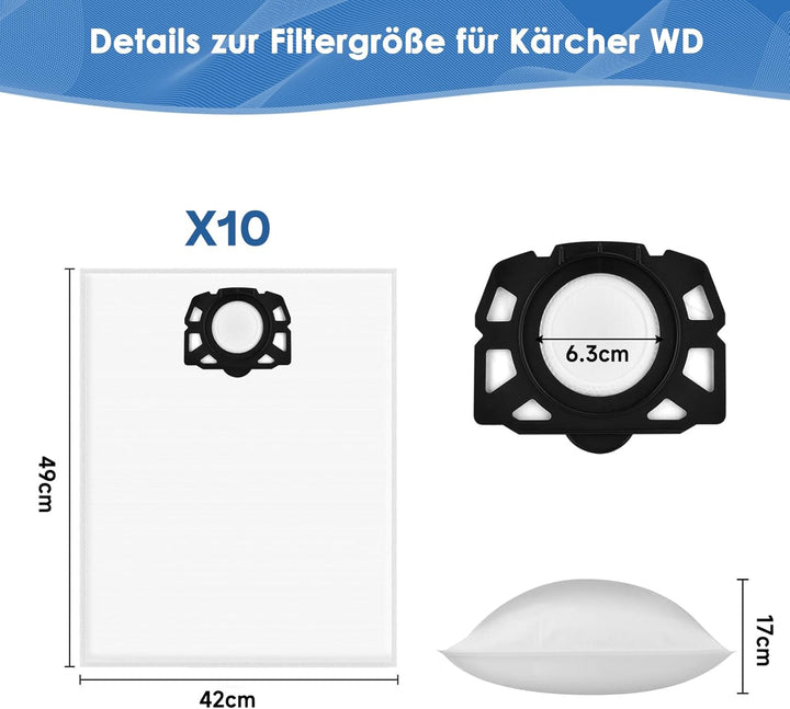 10 Stück Staubsaugerbeutel für Kärcher WD4 WD5 WD6 WD5P WD6P MV4 MV5 MV6 Vliesfilterbeutel KFI 487 E