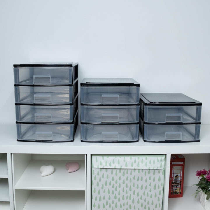 Hummelladen Schubladenbox DIN A4 mit 3 Schubladen 35,5x26,5x26,5 cm - schwarz-transparent Kunststoff
