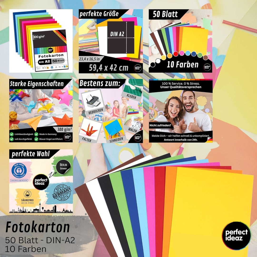 perfect ideaz 50 Blatt Fotokarton DIN-A2, 10 Farben, stabiler recycling Karton 300 g/m², Made in Ger