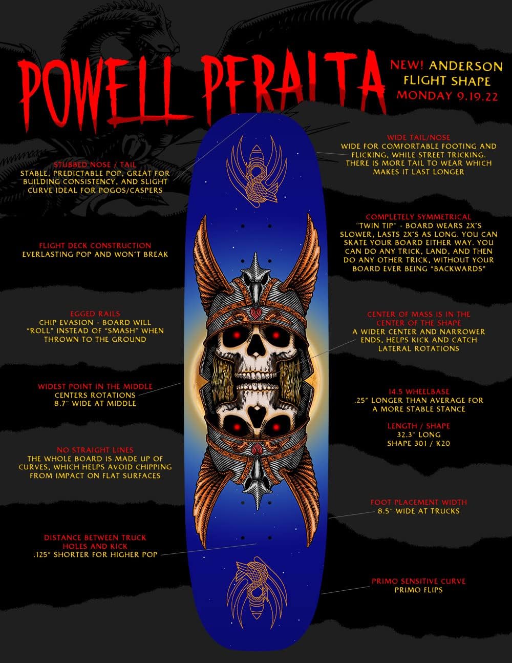 Powell Peralta Andy Anderson Heron Egg Flight Skateboard-Deck, 22,1 x 82 cm, Form 301