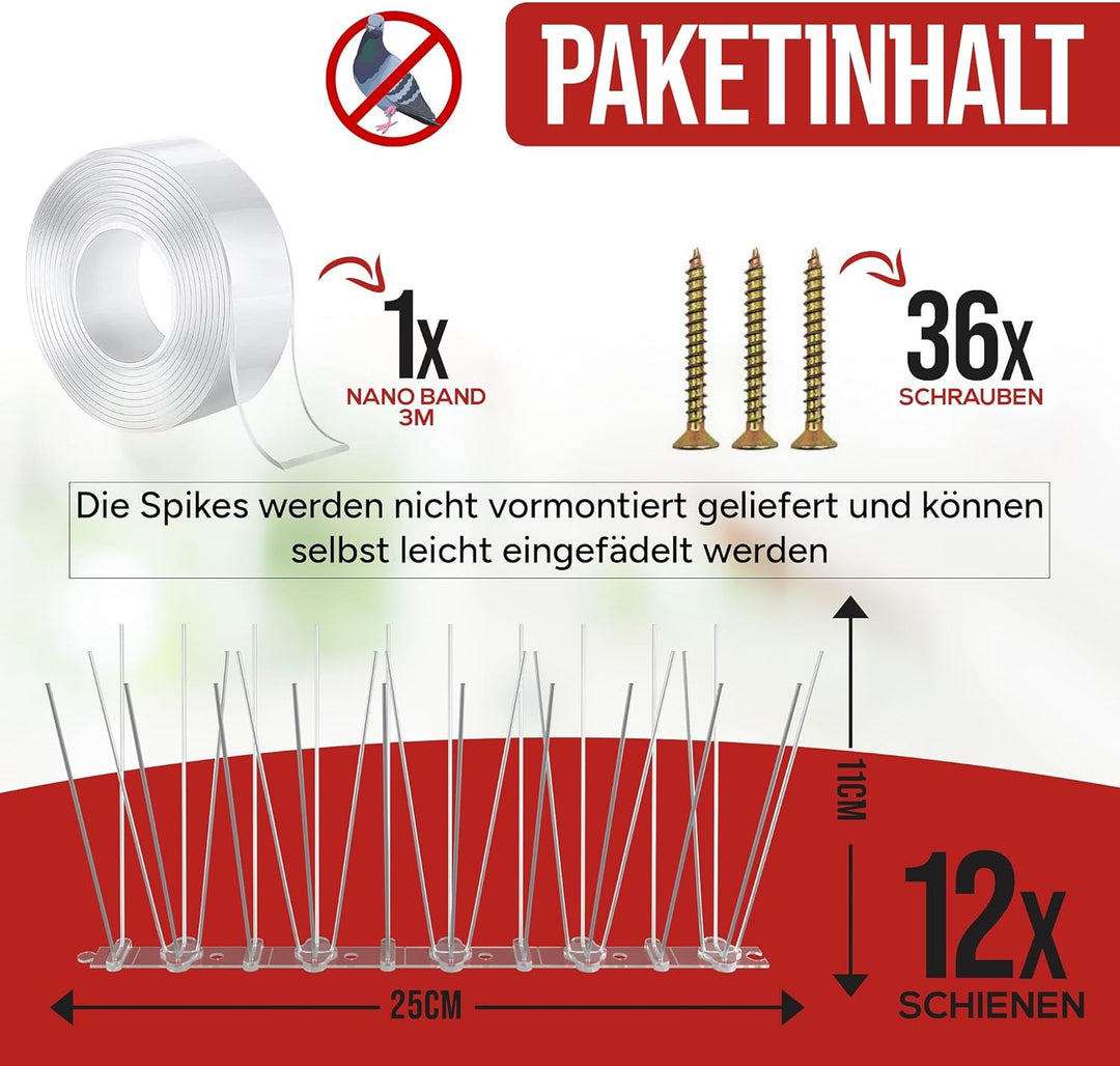 wortek Taubenabwehr Spikes Vogelabwehr Spikes - Edelstahl 3 Meter mit Sollbruchstellen - Tierfreundl