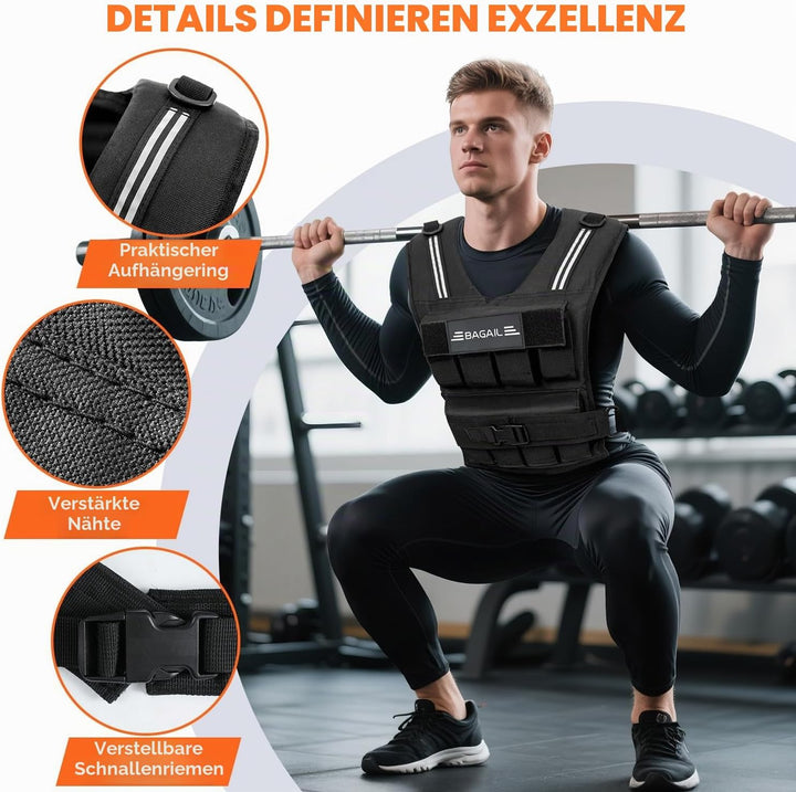 BAGAIL Gewichtsweste für Krafttraining, abnehmbare Eisenplatten, verstellbare Brustgrösse, Hochleist