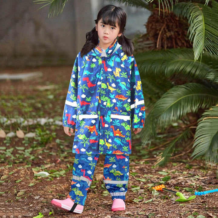 Regen Kinderkleidung Kinder Dinosaurier Regenbogen Bedruckte Regenjacke mit Kapuze Winddichter Regen
