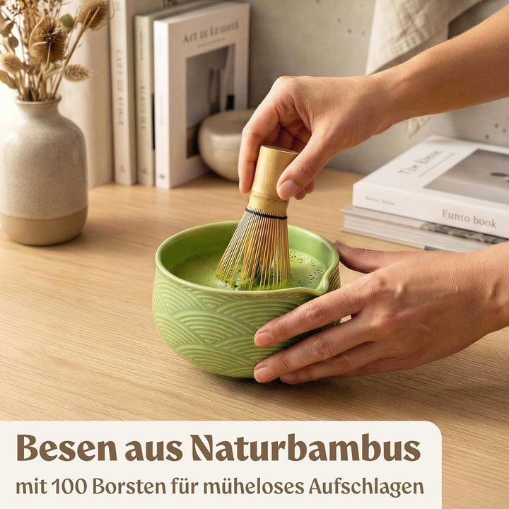 Matcha Set (7 Teilig) Matcha Schale mit Besen, Sieb, Löffel - Einzigartiges Design Ceremonial Grade