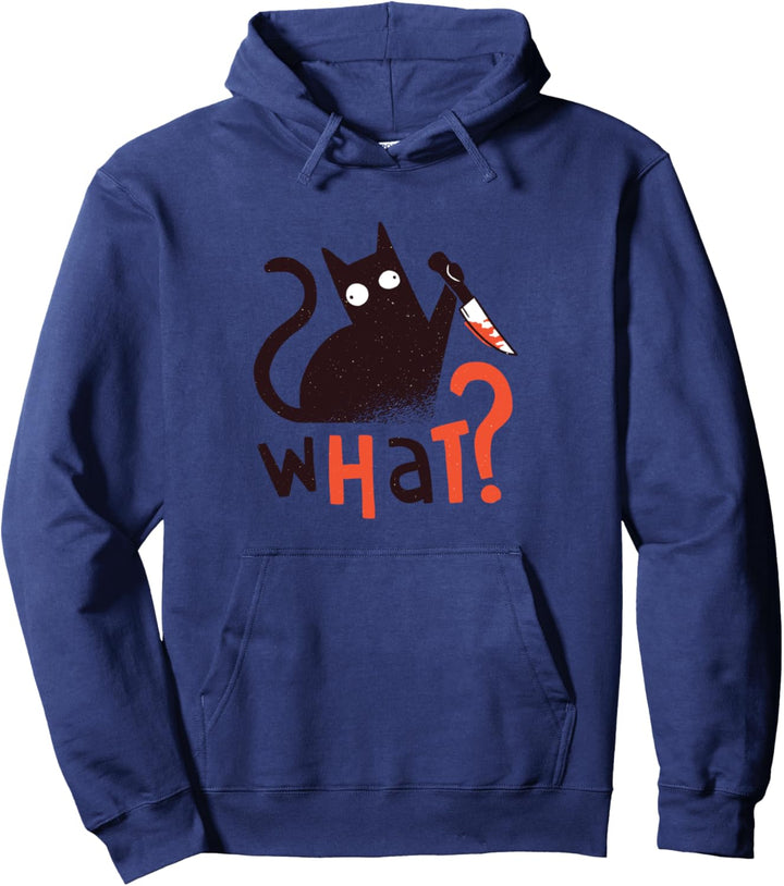 Lustiges Katzen Design, schwarze Katze mit Messer und What? Pullover Hoodie
