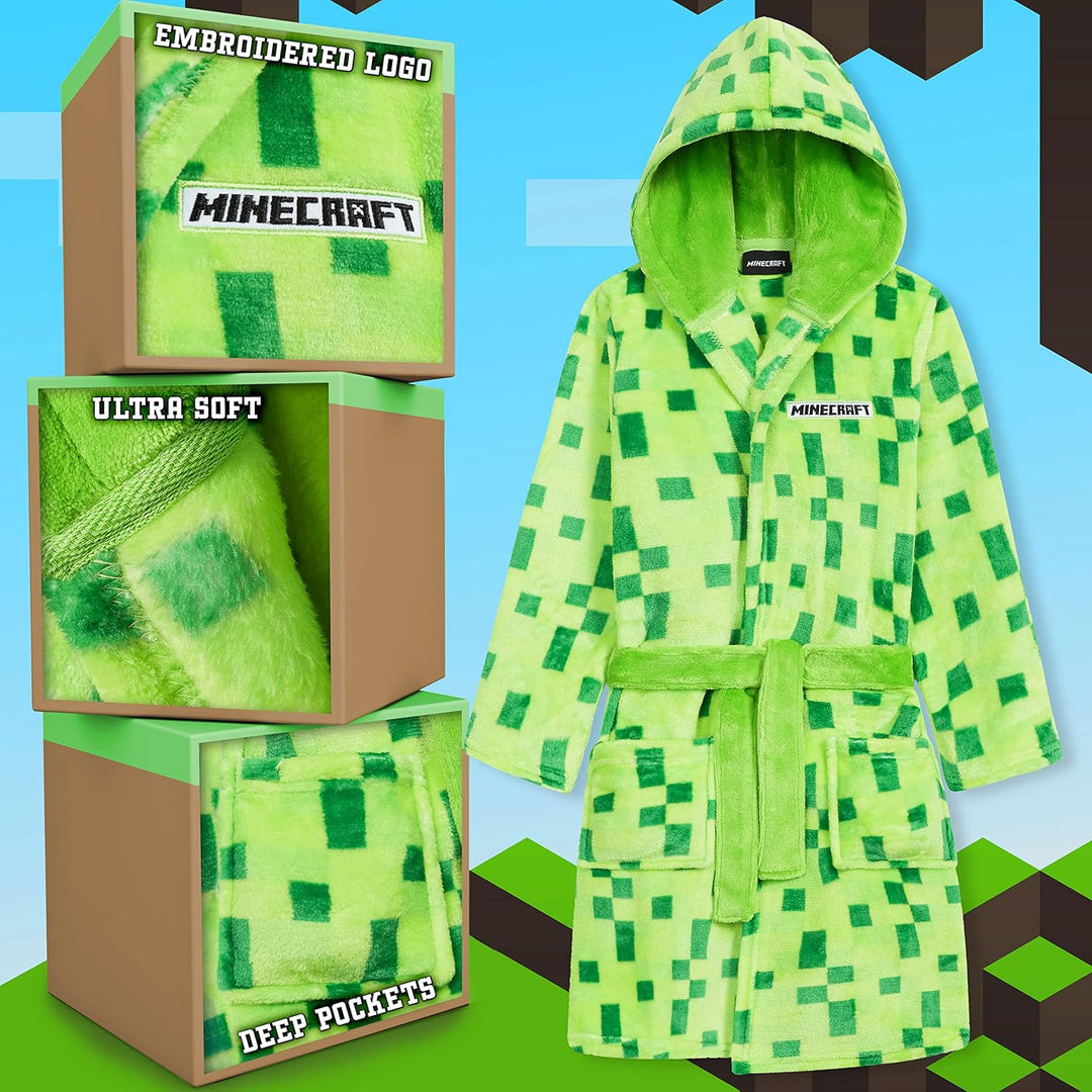 Minecraft Bademantel Kinder Jungen Weicher Fleece Morgenmantel mit Kapuze Badeponcho Creeper Gamer G