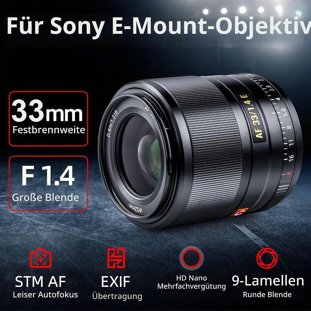 VILTROX 33mm f/1.4 F1.4 Autofokus APS-C Grosse Öffnung Prime Objektiv Kompatibel mit Sony E-Mount Ka