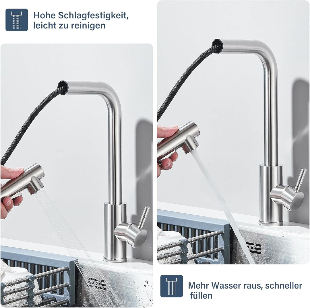 Rozin Wasserhahn Küche Hochdruck Gebürstetes Nickel 360° Drehung Küchenarmatur Ausziehbar Wasserhahn