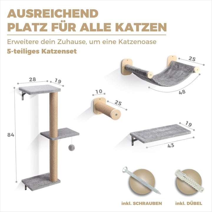WOOWOOD® Kletterwand Katzen Set inkl. Katzentreppe Wand I Kratzbaum Wand I Hängematte Katze I Wandkr